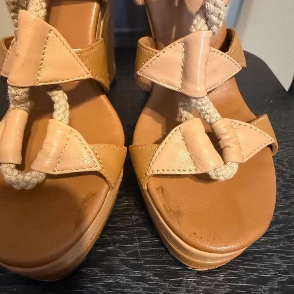 DVF Diane von Furstenberg Camel Leather Rope Wedge Sandals 7M - Picture 3 of 14